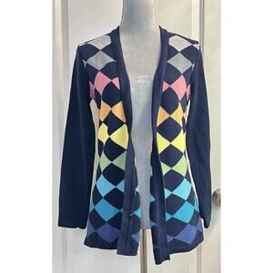 Vtg Liz Claiborne Open Front LS Cardigan Sweater Rainbow Argyle PS Grannycore